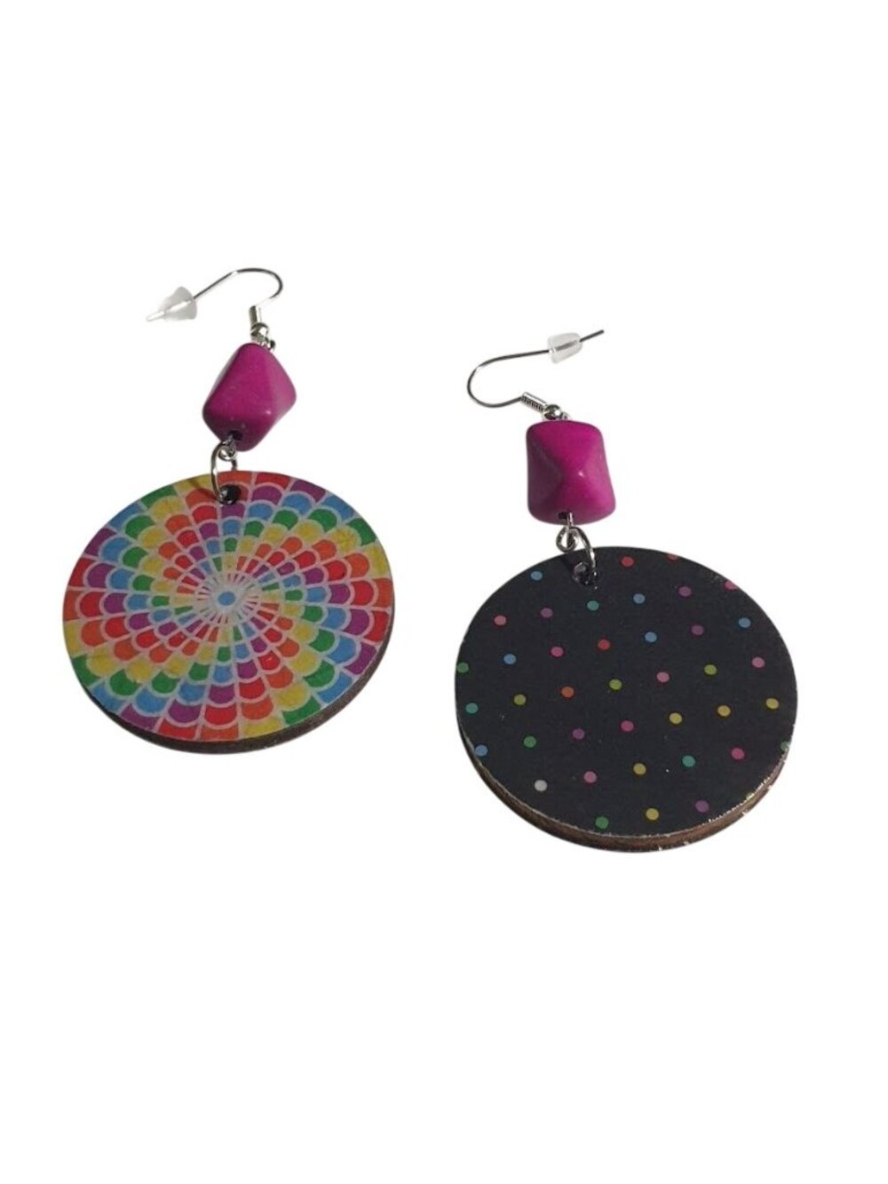 Rainbow Mandala Dangle Earrings Boho Colorful Round Polka Dot Back Purple Lightw - Picture 6 of 6